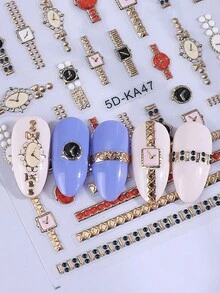 2pcs Embossed Retro Watch Design Nail Art Stickers 5D Gold Rose Gold Watches Clock Nail Decals Relief Self Adhesive Manicure Decoration Nail Slider Salon DIY Supplies - 彩色 - 查看 4