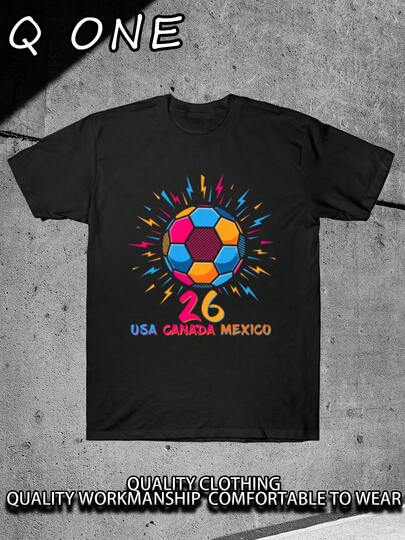 2026 North America Neon Soccer Design(180 Cotton T-Shirt) Men's Round Neck And Short Sleeves, Casual Cotton, Casual Fashion, Suitable For Indoor And Outdoor Wear And Holiday Gifts