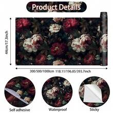 1 Roll Vintage Red & White Floral Self-Adhesive Wallpaper, Vinyl Material, Easy To Tear And Stick, Removable, Wall Paper, Black Background With Floral Pattern, Self-Adhesive Wallpaper, Decorative Wall Sticker, Suitable For Home Decor, Living Room, Bedroom, Kitchen, Etc. - Multicolor - View 4