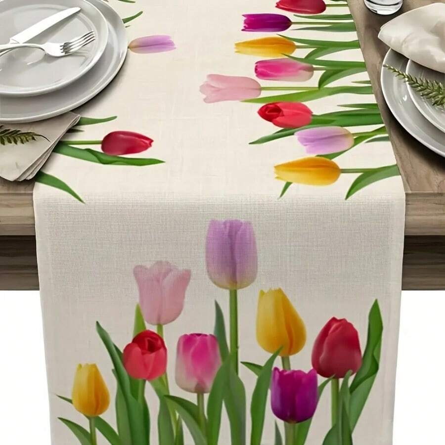 Easter Celebration Table Flag - Vivid Tulip Pattern For Indoor/Outdoor Dining And Parties, Polyester, Rectangle - 13x72 inch - Xem 1