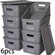 6pcs Paniers de Rangement Empilables avec Couvercles - Paniers Organisateurs Gris Résistants pour la Maison, le Bureau et la Salle de Classe - Cubes Multi-usages, 26x18.5x10.5 Cm, Organisation Maison| Solution de stockage élégante - Gris - Voir 7