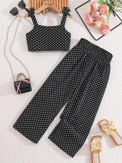 Left Mama Girls Casual Polka Dot Bow Camisole Top And Straight Leg Pants Set, Summer