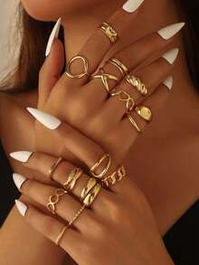 16pcs/Set Punk Style Geometric Rings Set, Vintage Fashion Jewelry Gift, Suitable For Daily Outfit And Party Accessories - Gold - View 1