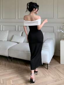 abyoxi Đầm nữ đen trắng phối tương phản, trễ vai, đính cúc, ôm eo, xẻ tà phía trước, dài đến đầu gối, thanh lịch và gợi cảm, phù hợp cho hẹn hò, đám cưới, tiệc tối trang trọng, dạ hội, tiệc sinh nhật, mùa xuân/hè. - màu đen - Xem 3