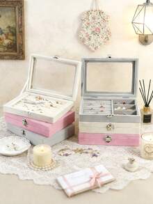 1pc Velvet Jewelry Ring Display Stand, Ring Earring Jewelry Storage Box, Necklace Tray Display Case, Jewelry Organizer Box - Jewelry Box - View 2