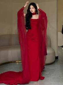 飘逸婚纱披肩，薄纱新娘披肩，适用于婚礼仪式、晚宴礼服、活动主持人、晚礼服装饰。拖尾袖设计，秋季女装配饰。 - 彩色 - 查看 5