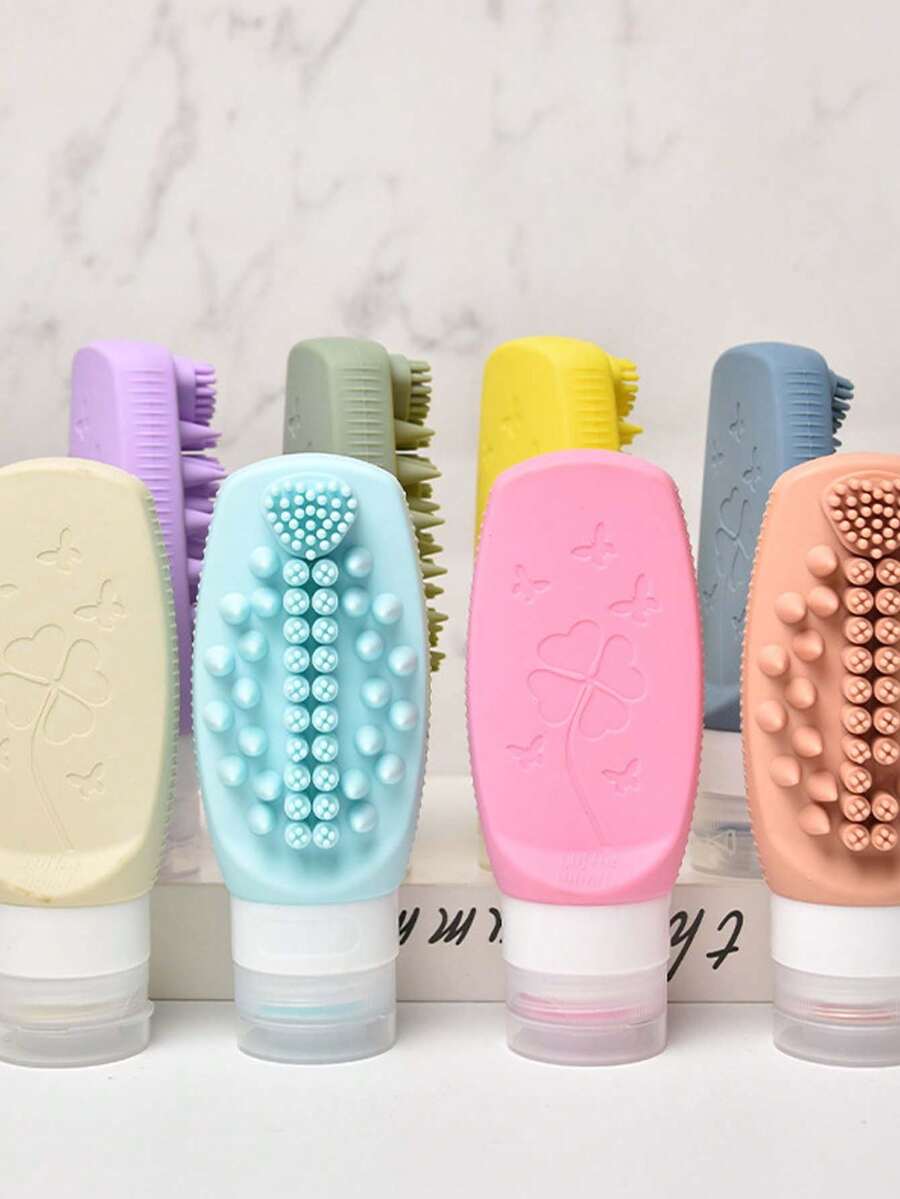 1个旅行装可重复灌装水瓶，多功能防漏硅胶挤压容器，带软毛刷，适用于洗漱用品、化妆品、旅行必备品 - 彩色 - 查看 1