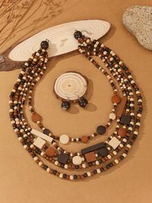 1 Set Handmade Multi-Layer Exaggerated Wooden Bead Necklace, Boho Style Bib Necklace For Women, Suitable For Beach, Party, Middle Eastern Formal Events, Beautiful Jewelry Necklace & Earrings - Brown - View 6