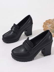 女士新款真皮厚底乐福鞋，英伦风，学院风，玛丽珍时尚真皮鞋，优雅经典复古百搭软底舒适通勤高跟一脚蹬鞋，粗跟 - 黑色 - 查看 2