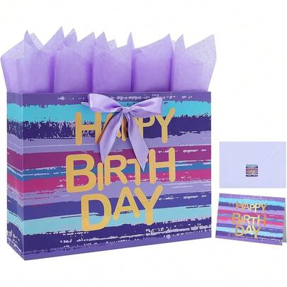 Nuevo set de bolsa de regalo de 16.5" de colores morado-azul multicolor con tarjeta de felicitación y papel de seda lavanda (con texto dorado "Feliz Cumpleaños") para fiestas de cumpleaños de mujeres, hombres, niñas, niños o bebés, baby shower, niña o niño - 16.5"X5.5"X12.6", 1 pieza.