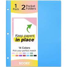 Sooez 2-Pocket Folders, Plastic Folders With Pockets 3 Hole Punched, 1 Pack Pockets Folder For 3 Ring Binder With Labels, Heavy Duty Binder Folder For Document, Letter Size File Folder,Blue - Blue - View 2
