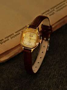 1 PC New Ultra-Thin French Retro Women's Watch With Gold Dial & Soft Brown Leather Strap - Petite, Water-Resistant, Minimalist Elegance For Daily, Party, Vacation Wear And Gift Giving