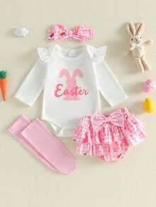 Conjunto de Pascua para niña, mono de manga larga con conejito, pantalones cortos con volantes a cuadros, diadema con lazo y medias, conjunto de 4 piezas para primavera - Blanco - Ver 1