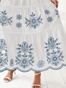 Spring & Summer New Arrival Women's Bohemian Dress - Casual Floral Short Sleeve V-Neck Maxi Style With Elastic High Waist & Pockets - 白底藍灰花 - 查看 6