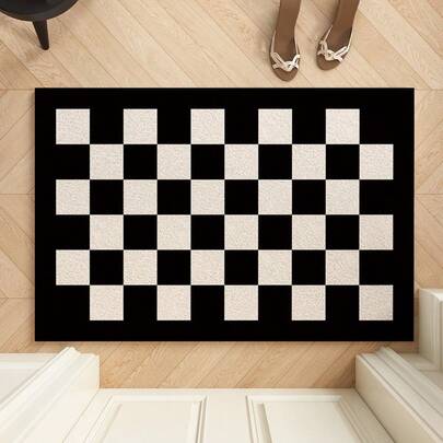 1件全新法兰绒黑白格子图案门垫，小地毯，适用于家居装饰、房间装饰