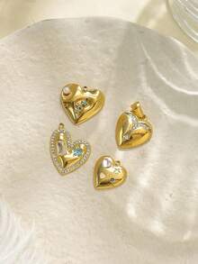 1件/包 304不锈钢压花镶嵌锆石雕刻心形吊坠配件 - 金色 - 查看 2