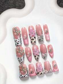 Bộ 10 móng giả kiểu Pháp màu hồng thủ công, họa tiết hoa, sao, da báo, lượn sóng, 3 kích cỡ: hình hạnh nhân, hình mỏ vịt, hình quan tài, phù hợp cho sử dụng hàng ngày, các dịp trang trọng, tiệc tùng, đám cưới, bao gồm dũa móng và 1 miếng dán móng dạng gel. - Nhiều màu - Xem 1