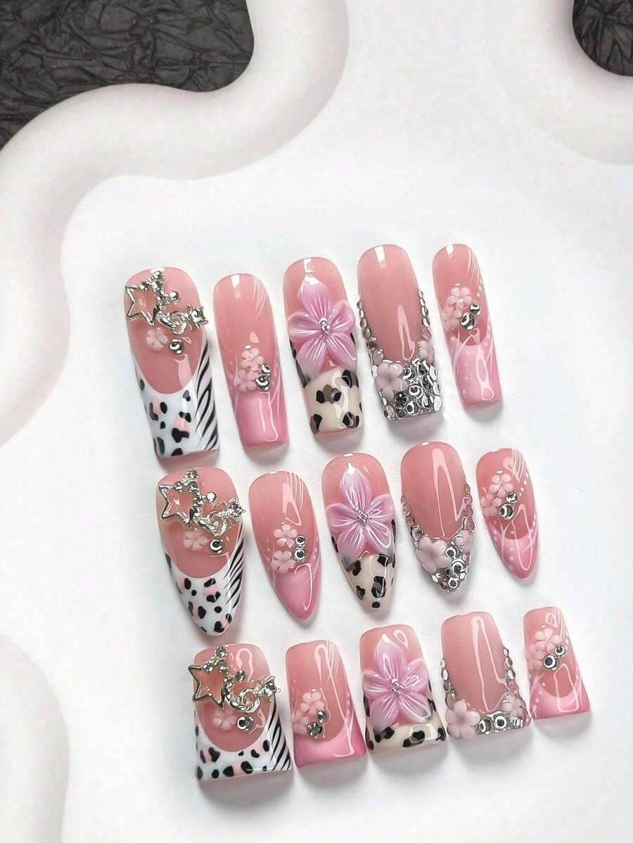 Bộ 10 móng giả kiểu Pháp màu hồng thủ công, họa tiết hoa, sao, da báo, lượn sóng, 3 kích cỡ: hình hạnh nhân, hình mỏ vịt, hình quan tài, phù hợp cho sử dụng hàng ngày, các dịp trang trọng, tiệc tùng, đám cưới, bao gồm dũa móng và 1 miếng dán móng dạng gel. - Nhiều màu - Xem 1