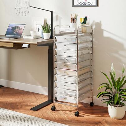  COSTWAY 10 Drawers Rolling Cart, Mobile Craft Organizer With Chrome Plated Metal Frame And Lockable Universal Wheels, Multipurpose Utility Cart For Home Office, Craft Room, Dorm And Classroom, Black/Transparent