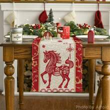 2026年中国生肖马年新年快乐桌布，春节冬季厨房餐桌装饰，家居派对装饰 - 紅色 - 查看 18