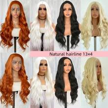 黑色、白色、613号、姜橙色水波纹合成蕾丝前假发，无需胶水，耐热，13x4高清蕾丝前假发，女士款。黑色、白色、613号、姜橙色水波纹合成假发，外观自然，适合角色扮演和万圣节派对，180%密度。 - 彩色 - 查看 2