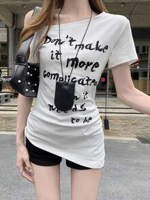 夏季韩版斜领不对称荷叶边修身字母印花休闲短袖T恤 女款 白色 - 白色 - 查看 8