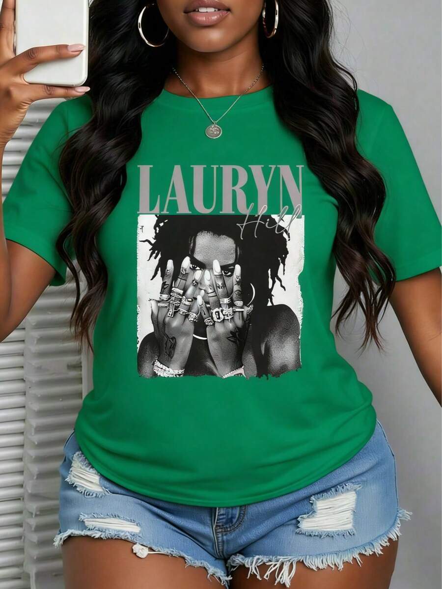 With Ring On Hand - 100% Cotton Women's T-Shirt/Lauren Hill/Letter Print/Vintage T-Shirt/Women's Casual Loose Round Neck Top/Spring And Summer-Niche Graffiti Prints T-Shirts-85841-102525 - màu xanh lá - Xem 1