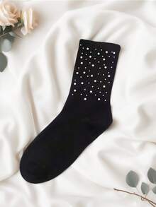 1 Pair Women's Luxury Crystal Embellished Socks, High-Quality Rhinestone Decorated Fashion Socks