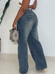 Casual Street Style Loose Fit Distressed Patchwork Pocket Detail Wide Leg Jeans, Autumn - Medium Wash - View 2