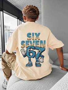 青少年男孩休闲创意简约图案T恤，适合青少年男孩夏季穿着，青少年衬衫 - 杏色 - 查看 2