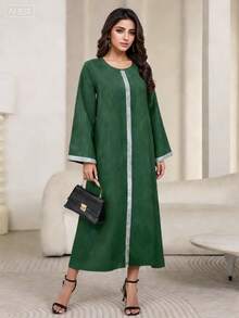 Women's Red Round Neck Arabic Robe, Dignified Long Robe - Dark Green - View 3