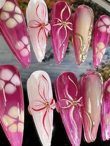 10pcs Handmade 3D Flower Nail Art,  Blooming Gel Flower Stiletto Press-On Nails, Suitable For Women And Girls Daily Wear - 中紫紅色 - 查看 3