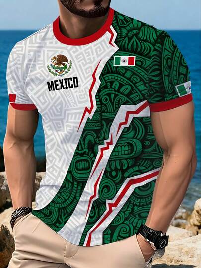 Men's Mexico Soccer Jersey T-Shirt - Printed Pattern T-Shirt, Breathable Summer Jersey, Suitable For Football Fans, Casual Wear, Travel And Party - Lightweight Mexico National Team Design, Party, Vivid Print Top, Comfortable Style, Fan Apparel, Durable Construction, Short Sleeve Shirt, Sports Enthusiasts