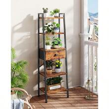 5 Tier Ladder Shelf, Tall And Narrow Bookshelf With Drawer,Standing Bookcase Units, Industrial Open Display Shelves Organizer For Bathroom,Kitchen,Bedroom,Living Room,Rustic Brown - Nâu mộc mạc - Xem 9