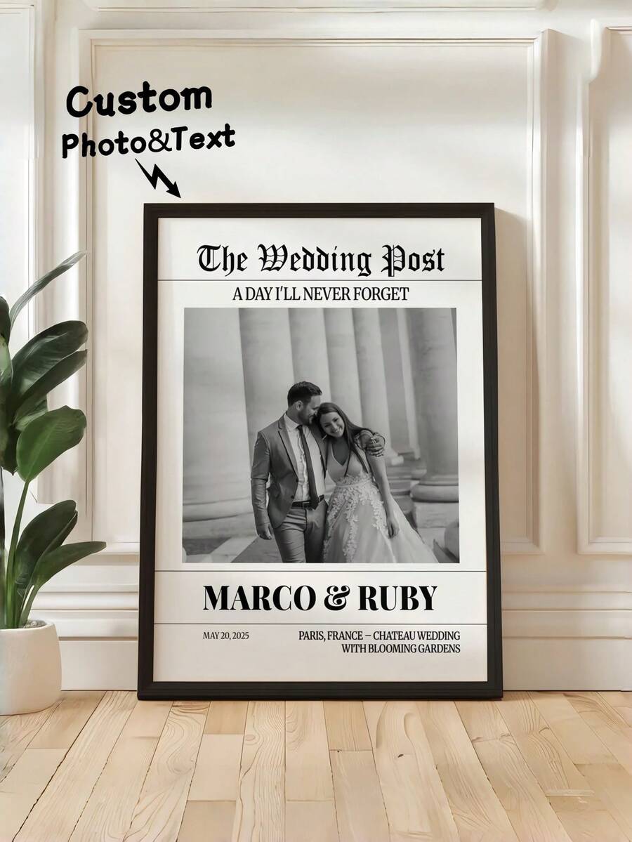 1pc Customized Newspaper Poster, Personalized Wedding Newspaper Photo & Text Wall Art Print, Newlywed Times Newspaper, Wedding Party Announcement, Wedding Gazette, Ideal For Weddings And Special Occasions - Multicolor - View 1