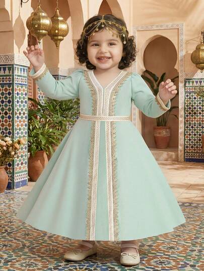 Baby Girls V-Neck Metallic Ribbon Stretchy Elegant Party Princess Dress, Suitable For Family Banquet, Holidays & Celebrations (Headband Not Included)