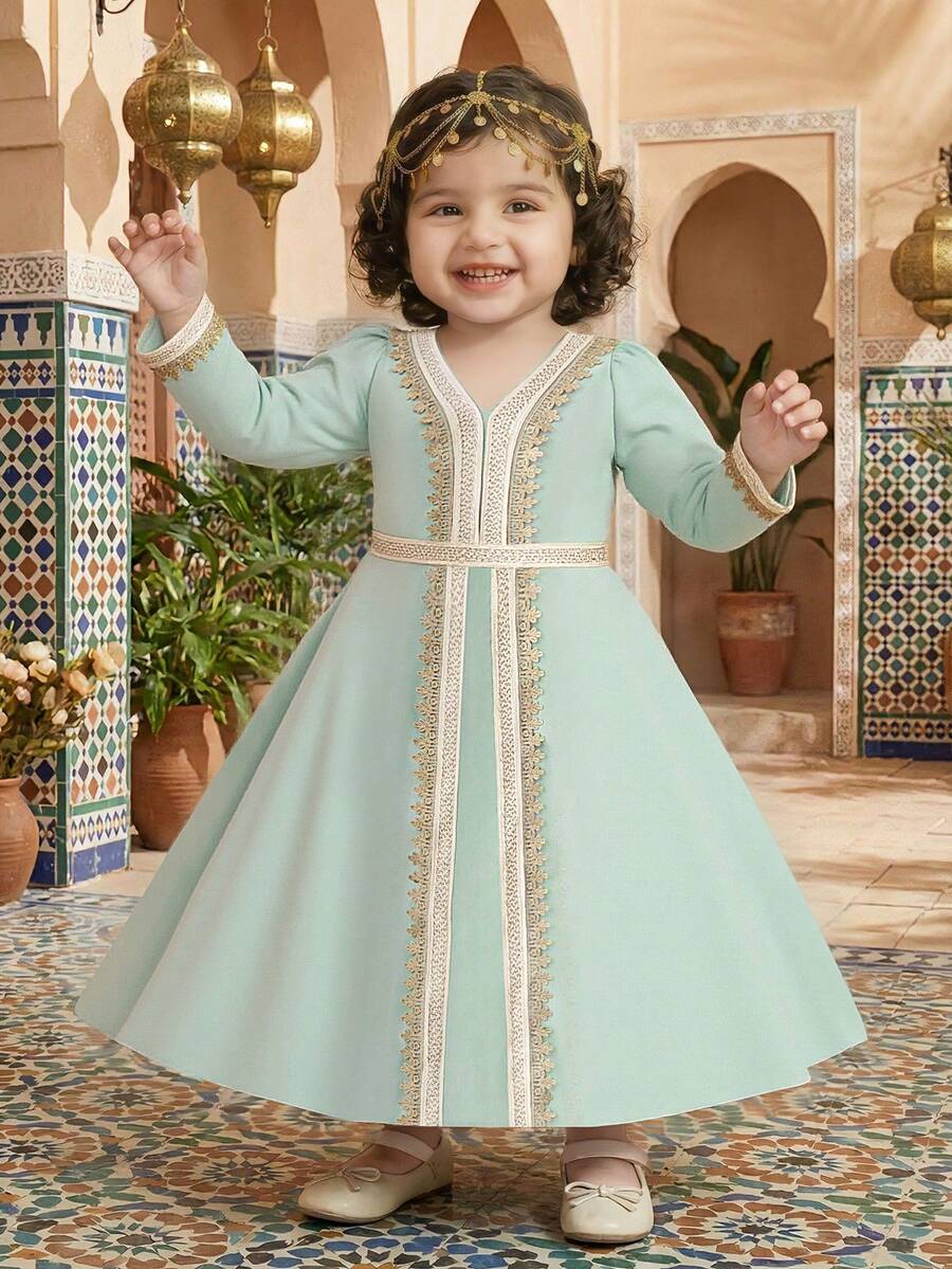 Baby Girls V-Neck Metallic Ribbon Stretchy Elegant Party Princess Dress, Suitable For Family Banquet, Holidays & Celebrations (Headband Not Included)