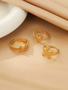 Set de 3 anillos abiertos minimalistas chapados en oro de acero inoxidable, incluye diseños de letra, corazón y estrella de mar, adecuado para uso de mujeres o como regalo - Amarillo Oro - Ver 4