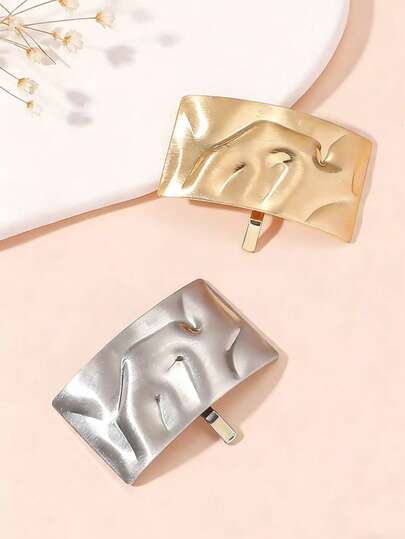 1pc/2pcs Eid Luxury Pleated Metal Hair Clips, Square Shaped Hair Accessories In Gold & Silver Colors, Suitable For Ramadan, Eid And Women's Hairstyles