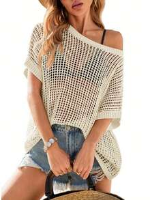 Womens Crochet Sweater Tops Batwing Short Sleeve Oversized Boat Neck Boho Knit Summer Beach Cover Ups - Be - Xem 3