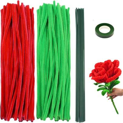 Red & Green 221 Pieces Pipe Cleaners Craft Flower Kit, 200Pcs Fluffy Fuzzy Sticks Bulk With 20Pcs Floral Wire And 1Pc Tape, Chenille Stems Art Supplies For Rose Bouquet DIY Valentine's Day Project Gifts