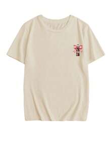 Camiseta feminina de verão com laço e estampa, gola redonda, manga curta, rosa, casual, moderna e versátil. - Damasco - Ver 4