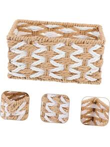 Handwoven Storage Basket, Multipurpose Desktop Organizer Box, Living Room Storage Bin, Can Store Snacks, Toys, Keys And Small Items, Bohemian Geometric Woven Basket, Wooden Rattan Planter Stand, Mixed Natural Rope Decor, Creates A Coastal Ambiance. - Rectangle - View 11