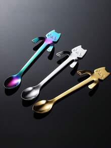 Stainless Steel Mini Cute Cat Shaped Mixing Spoon, Suitable For Stirring Desserts, Beverages And Milkshakes, Hanging Coffee Spoon (Multiple Colors Available) - Multicolor - View 4