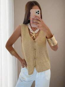 SEREN Summer New Deep V-Neck Front Button Top, Women's Vest, Loose, Casual, Vacation, Old Money Style, Sequin Top, Women's Knitted Cardigan, Daily Casual Wear Top, Summer Vacation Outfit, Beachwear,Women's Top For Music Festival Travel - Khaki - View 2