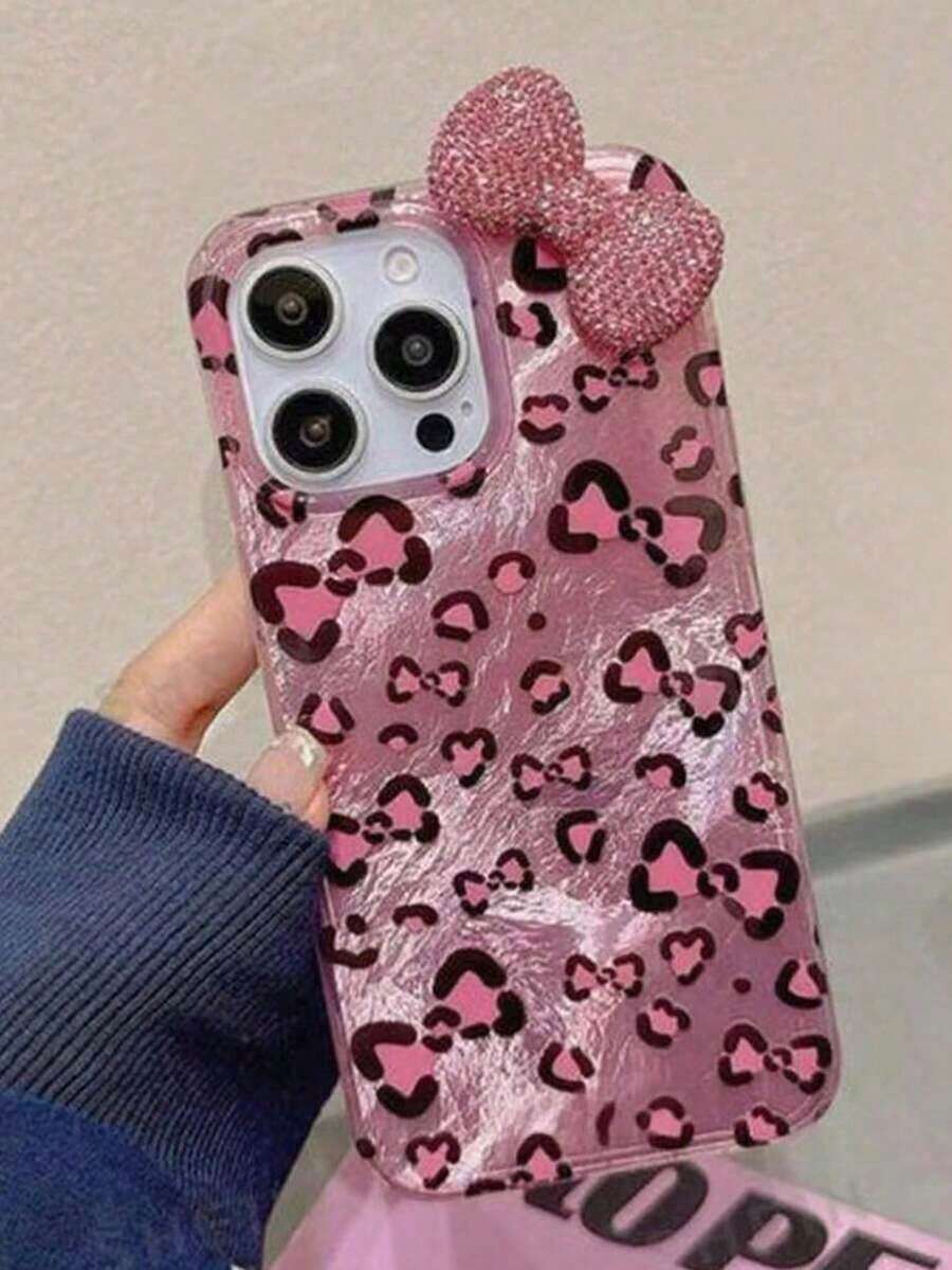 Fashion 3D Rhinestone Bow Leopard Print Phone Case, Suitable For IPhone 17/16/15/14/13/12 Pro Max/11, Stylish Shock-Resistant Back Cover - Hồng - Xem 1