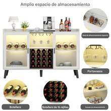 Mueble bar para vinos con luz LED, mueble para café con estante para vinos y copas, aparador de cocina con estantes de almacenamiento, mueble botellero independiente para salón o comedor - Blanco - Ver 4