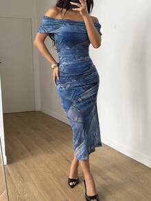 Women's Off-Shoulder Denim Effect Print Fitted Casual Knit Fabric Ruffle Hem Dress - Navy Blue - View 6
