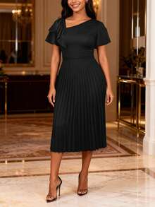 1 chiếc đầm nữ màu trơn đơn giản tay bồng xếp ly, kiểu dáng thanh lịch thường ngày, màu đen. - màu đen - Xem 8