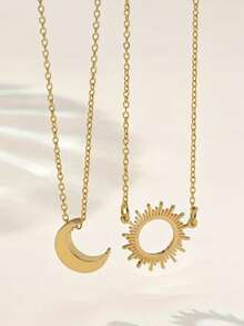 2pcs/Set Bohemian Style Stainless Steel Sun & Moon Decor Necklace, Suitable For All Seasons, Suitable As Gift, Party, Banquet Wear - Gold - View 2